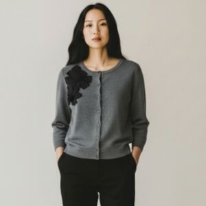 Charter Club Embellished Bow Button Front Sweater Gray Med Emily‎ in Paris Edit